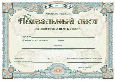 Похвальный лист "За отличные успехи в учении" (установленный образец второго вида, альбомный формат) (арт. 51023) 