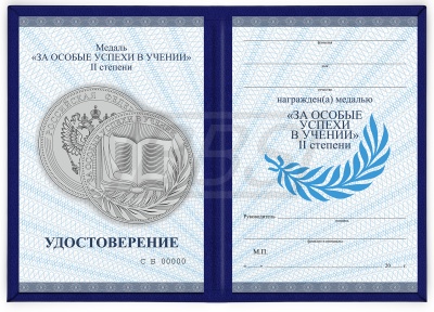 Удостоверение к серебряной медали «За особые успехи в учении» II степени (на твердой обложке, номерное, большое) (арт. 61022)